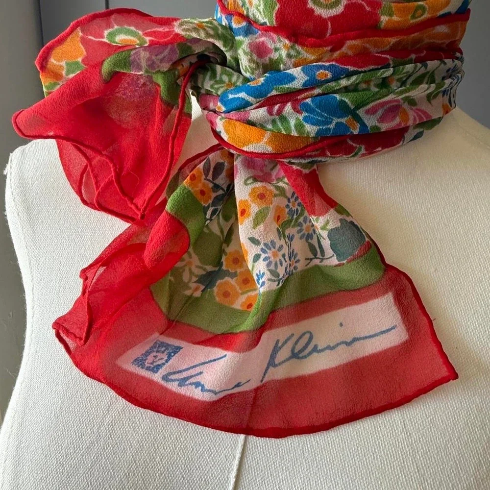 Anne Klein Vintage Floral Silk Scarf Signed Oblong 12x43